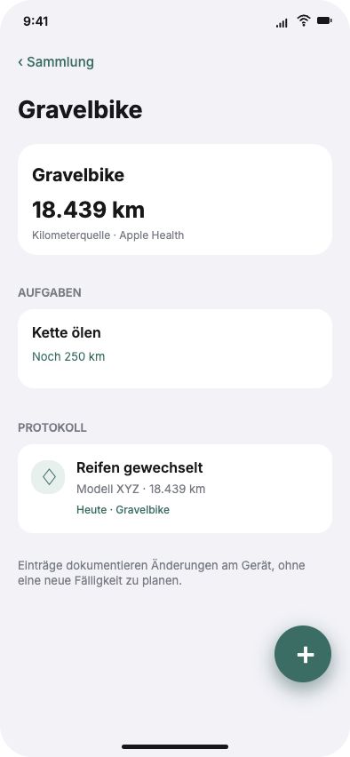 ago52-Geräteansicht für ein Gravelbike mit Kilometerstand, Wartungsaufgaben und Protokoll
